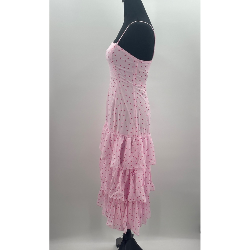 Lulus Nellie Pink Polka Dot Tiered Midi Dress XS Square Neck Ruffle Side Slit - Picture 8 of 11